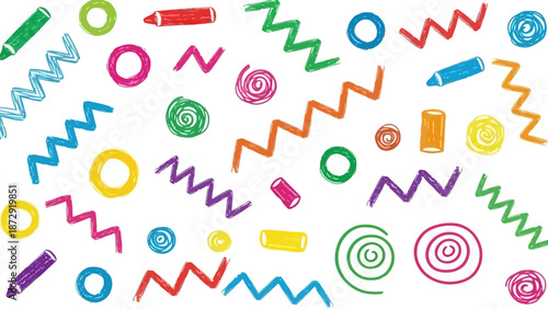 A vibrant and playful collection of colorful scribbles, zigzags, circles, and crayon drawings on a white background.