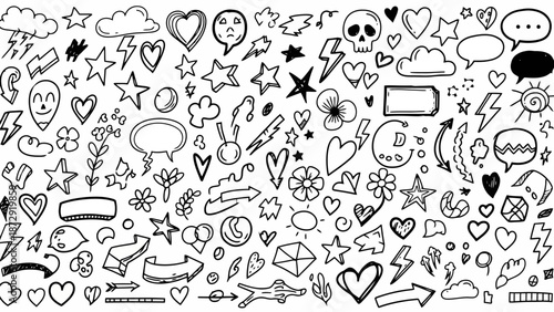 A vast collection of hand-drawn doodle elements, featuring hearts, stars, clouds, lightning bolts, speech bubbles, and various decorative shapes.