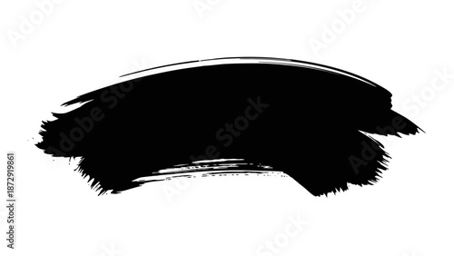 A bold, sweeping black brush stroke with textured edges, isolated on a white background, evoking a sense of artistic expression and abstract design.