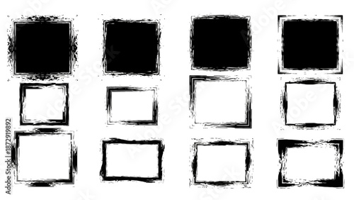 Collection of twelve distressed, grunge-style rectangular frames and solid black squares, presented in a grid layout.