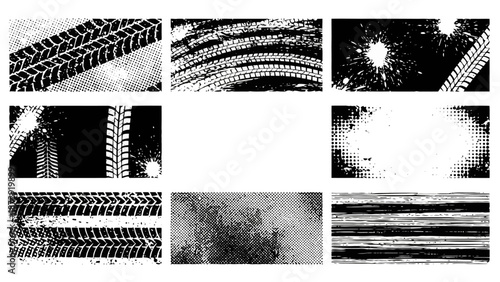Collection of grunge tire tracks and abstract textures, perfect for graphic design and backgrounds.