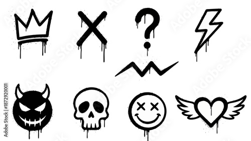 A collection of graffiti-style icons featuring a crown, X, question mark, lightning bolt, devil, skull, smiley face, and winged heart.