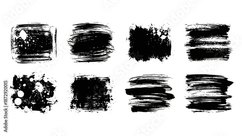 A collection of eight black ink brush stroke textures on a white background, showcasing various artistic styles and effects.