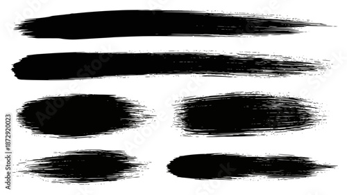 A collection of seven black brush stroke textures, isolated on a white background, showcasing varied widths and densities.