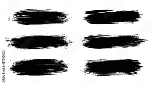 Six black brush stroke textures with a rough, distressed appearance on a white background.