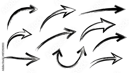 A collection of hand-drawn, sketchy arrows in various directions and styles, rendered in black ink on a white background.