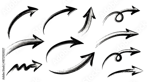 A collection of hand-drawn, sketchy black arrows pointing in various directions on a white background.