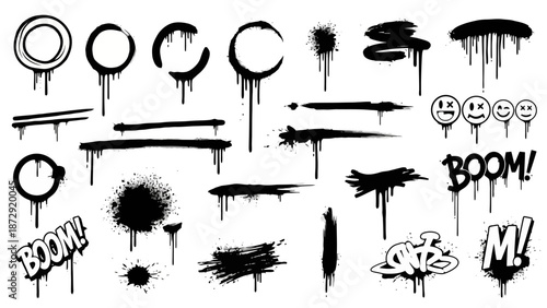 A collection of black and white graffiti elements including drips, splatters, circles, and text like 'BOOM!' and smiley faces.
