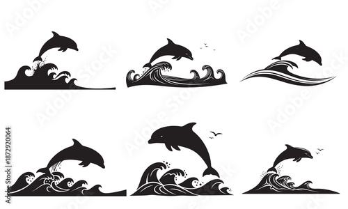 Set of six black silhouette dolphins jumping over stylized ocean waves and birds.