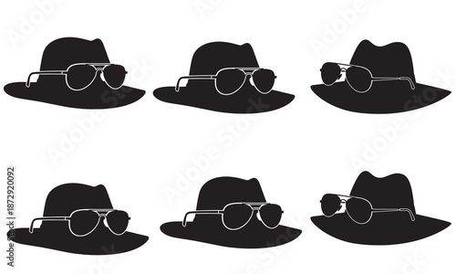 Six black silhouette fedora hats with aviator sunglasses.