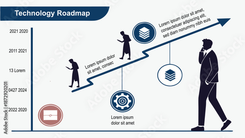 Strategic Blueprint: A dynamic technology roadmap guides the path of progress, as a professional strides confidently towards the future, illustrating innovation and advancement.