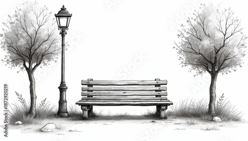 Illustration presents park scene with bench and lamppost. Trees frame the wooden bench with grass details. The artwork uses monochrome grayscale style.