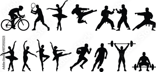 Large Collection of High Quality Black Silhouette Icons Representing Various Sports Athletics Martial Arts Dance Gymnastics and Fitness Activities for Design