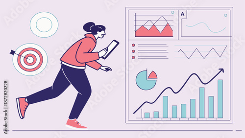Data-Driven Pursuit: A dynamic individual strides purposefully toward an interface overflowing with analytical tools, visualizing a journey fueled by data, aiming to achieve the target.