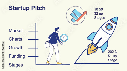 Startup Pitch Presentation: A stylized illustration depicting a startup pitch concept, complete with growth charts, funding stages, and a rocket ship symbolizing the rapid ascent of a new venture
