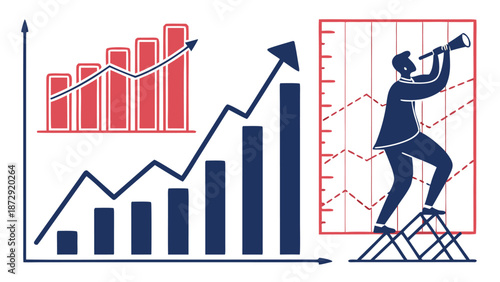 Business Visionary: A leader, focused and determined, gazes through a telescope, overseeing financial growth and upward trends within a business environment.