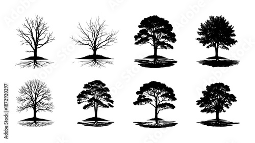 A striking collection of black silhouette tree illustrations, showcasing various species and seasonal states, perfect for graphic design and nature-themed projects.