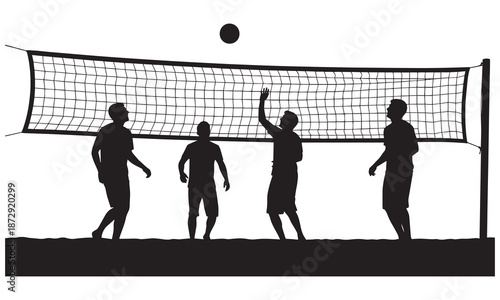Silhouettes of people playing beach volleyball, representing sports and summer leisure.