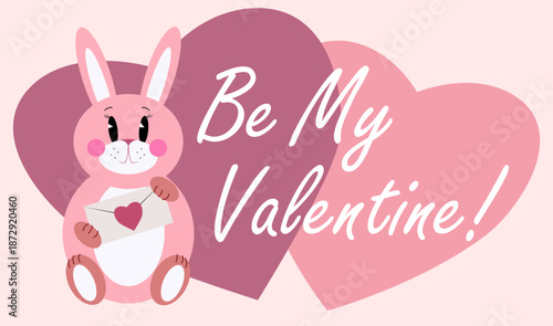 Pink cartoon rabbit holds envelope with a red heart. Happy Valentine's Day banners. Valentine's day invitation, cute valentine.