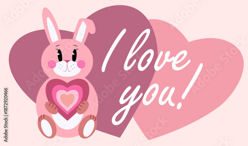 Happy Valentine's Day banners. Valentine card with bunny. Rose cute rabbit holding big red heart.