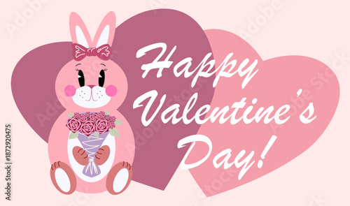 Happy Valentine's day banner. Love greeting card. Cute pink bunny with a bouquet of flowers. A rabbit with a bow on its ears holding a bouquet of roses in paws.