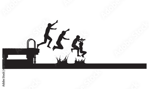 Group of friends joyfully jumping off a dock into the water, creating dynamic splashes.