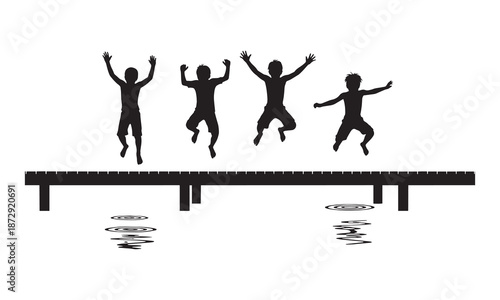 Four children silhouetted jumping in unison from a long pier into the water with ripples.
