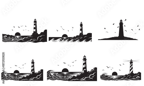Six stylized silhouettes of lighthouses on rocky shores with crashing waves and sunsets.