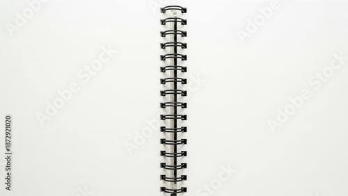 A black and white spiral notebook with a white cover, placed on a white background.