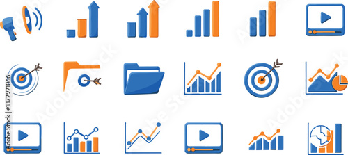 Business marketing 3D icon set, finance chart, growth graph, target strategy, analytics data, blue orange, vector illustration, digital web, presentation, success symbol.