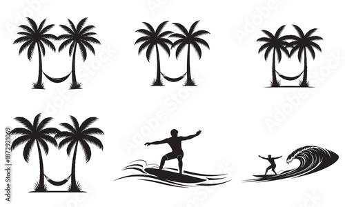 Tropical beach icons: palm trees with hammocks and surfers riding waves