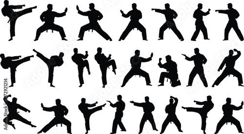 Large Set of Black Martial Arts Silhouettes Featuring Karate and Taekwondo Fighters in Combat Poses Kicking and Punching Isolated on White