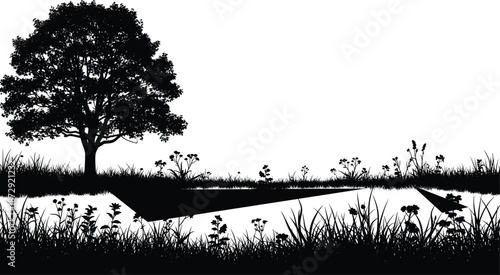 Black Silhouette of a Detailed Tree and Wild Grass Meadow by a River, Isolated Vector Illustration for Nature Landscape, Outdoors, and Rural Scenery