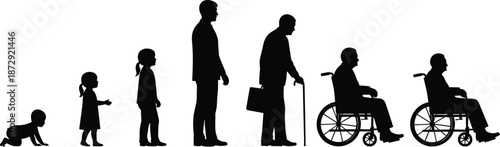 Human life cycle evolution silhouettes from crawling baby to childhood, adulthood, elderly man with walking stick, and senior disabled person in a wheelchair vector