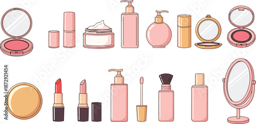 Cosmetic beauty products set, makeup kit, pink lipstick, mirror, skincare cream, lotion bottle, fashion vector illustration, feminine hygiene collection, gold.