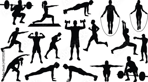 Large set of fitness silhouettes featuring men and women exercising with dumbbells, barbells, jump ropes, running, stretching, and bodyweight training.