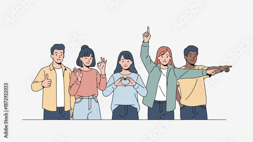 A diverse group of young people standing together, expressing positivity and unity through gestures.