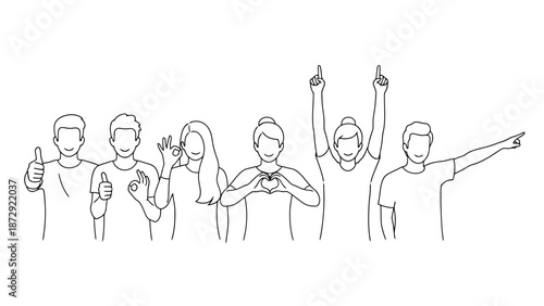 A diverse group of people standing together, expressing positivity and unity through various hand gestures.