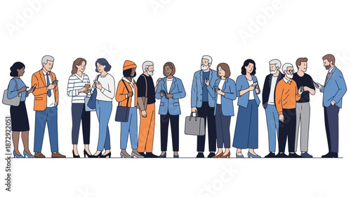 A diverse group of people of various ages and ethnicities standing in a line, many looking at their phones.