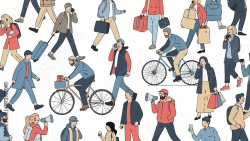 A diverse group of people engaged in various activities like walking, cycling, and talking on phones, illustrating urban life.