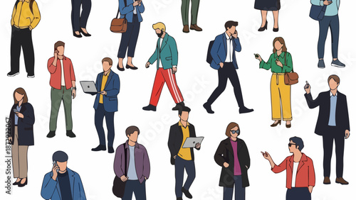 A diverse group of people in casual and business attire, many engaged with their smartphones and devices.