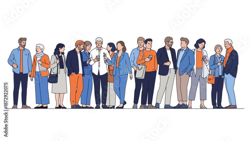 A diverse group of people standing in a line, some looking at their phones.