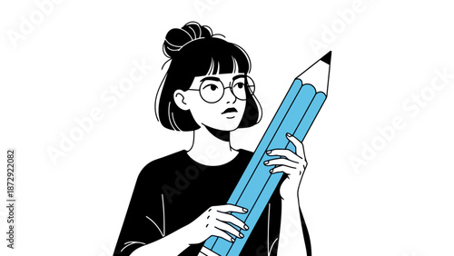 A young woman with glasses and her hair in a bun holds a large blue pencil, looking thoughtfully to the side.