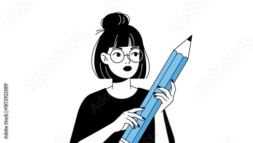 A stylized illustration of a young woman with glasses holding a large blue pencil.