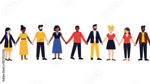 A diverse group of people of various ethnicities and genders holding hands in unity against a white background.