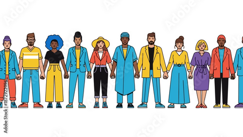 A diverse group of people of various ethnicities and genders holding hands in a line.