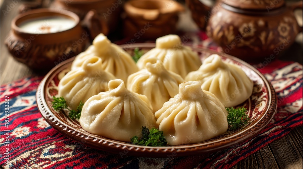 Fototapeta premium Traditional georgian khinkali dumplings on ornate plate with parsley garnish.
