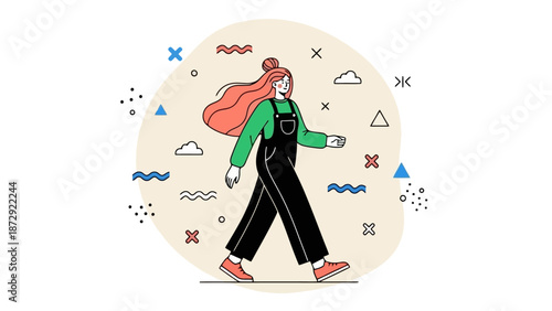 A woman with long red hair wearing overalls walks confidently with a smile, surrounded by abstract shapes and clouds.