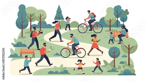 A vibrant illustration depicts a diverse group of people enjoying various outdoor activities in a lush green park on a sunny day.