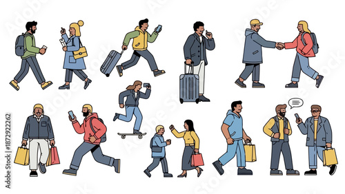 A diverse collection of people engaged in various activities, including walking, talking on phones, and traveling with luggage.